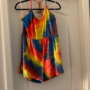Halter tie rainbow romper by SHEIN curve in 1XL. Stretchy, cute, and comfy!